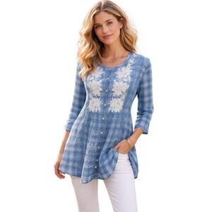 Johnny Was Women's Tunic Blue Plaid Embroidered 3/4 Sleeve Button Up Shirt XS